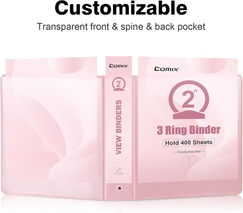 COMIX Standard 3 Ring Binder 2 inch with Clear View Cover, 2" Round Ring View Binder Holds 400 Sheets of US Letter Size Paper, 6 Pack (Pink) - Image 5